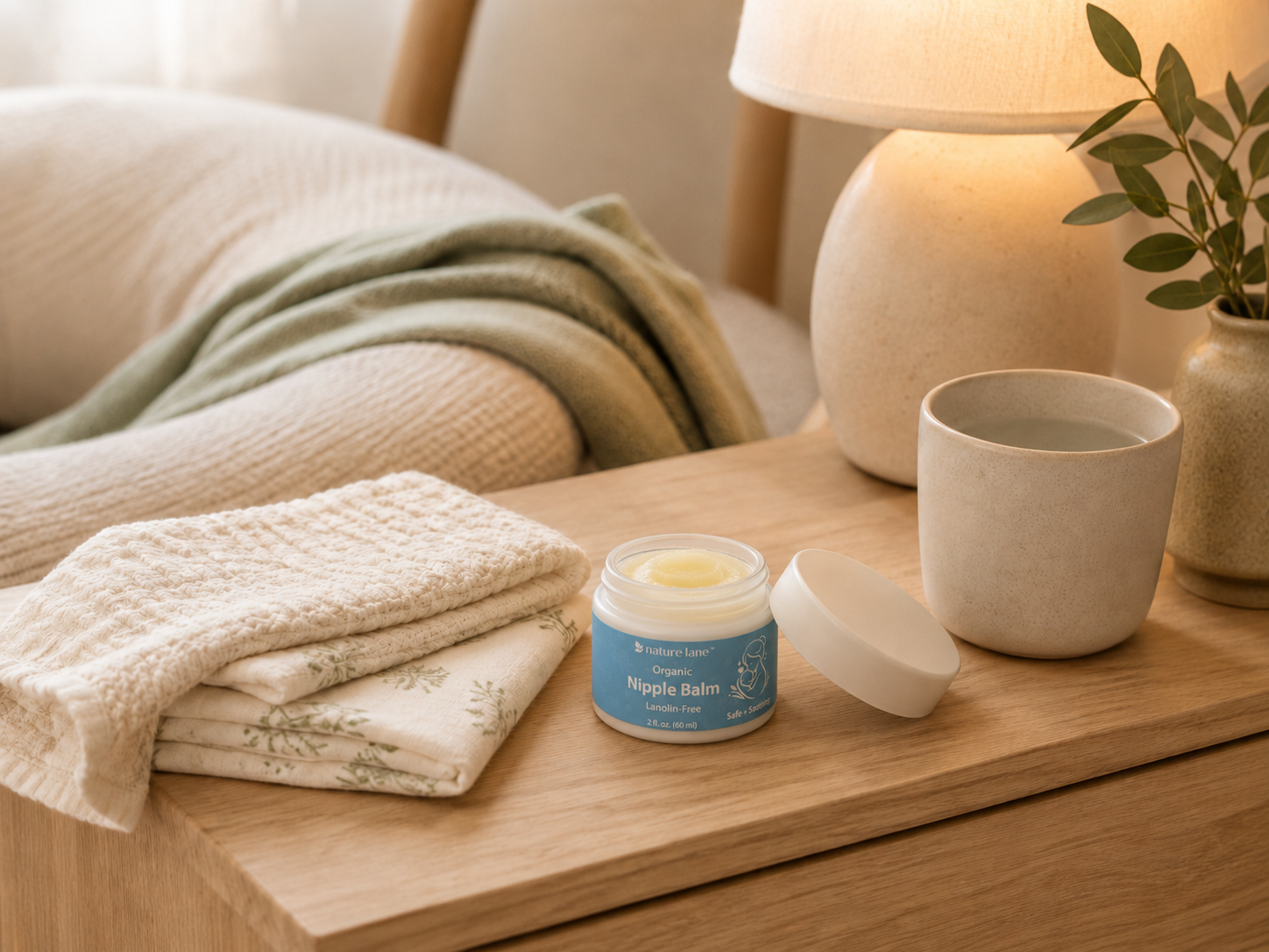 Lanolin-free nipple balm styled with a burp cloth, swaddle blanket, water glass, and calm postpartum bedside essentials.