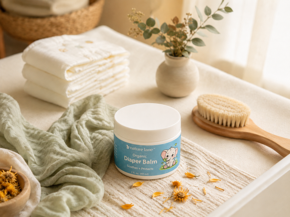Organic diaper balm styled on a changing table with folded diapers and soft baby-care essentials