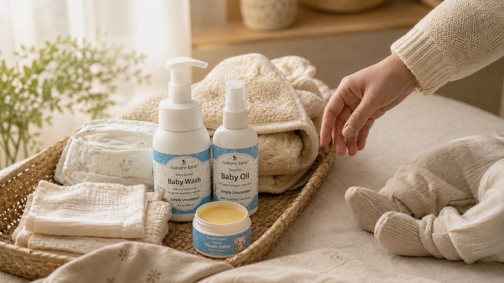 Simple baby skincare routine essentials arranged with baby wash, baby oil, diaper balm, folded diapers, and soft muslin cloth.