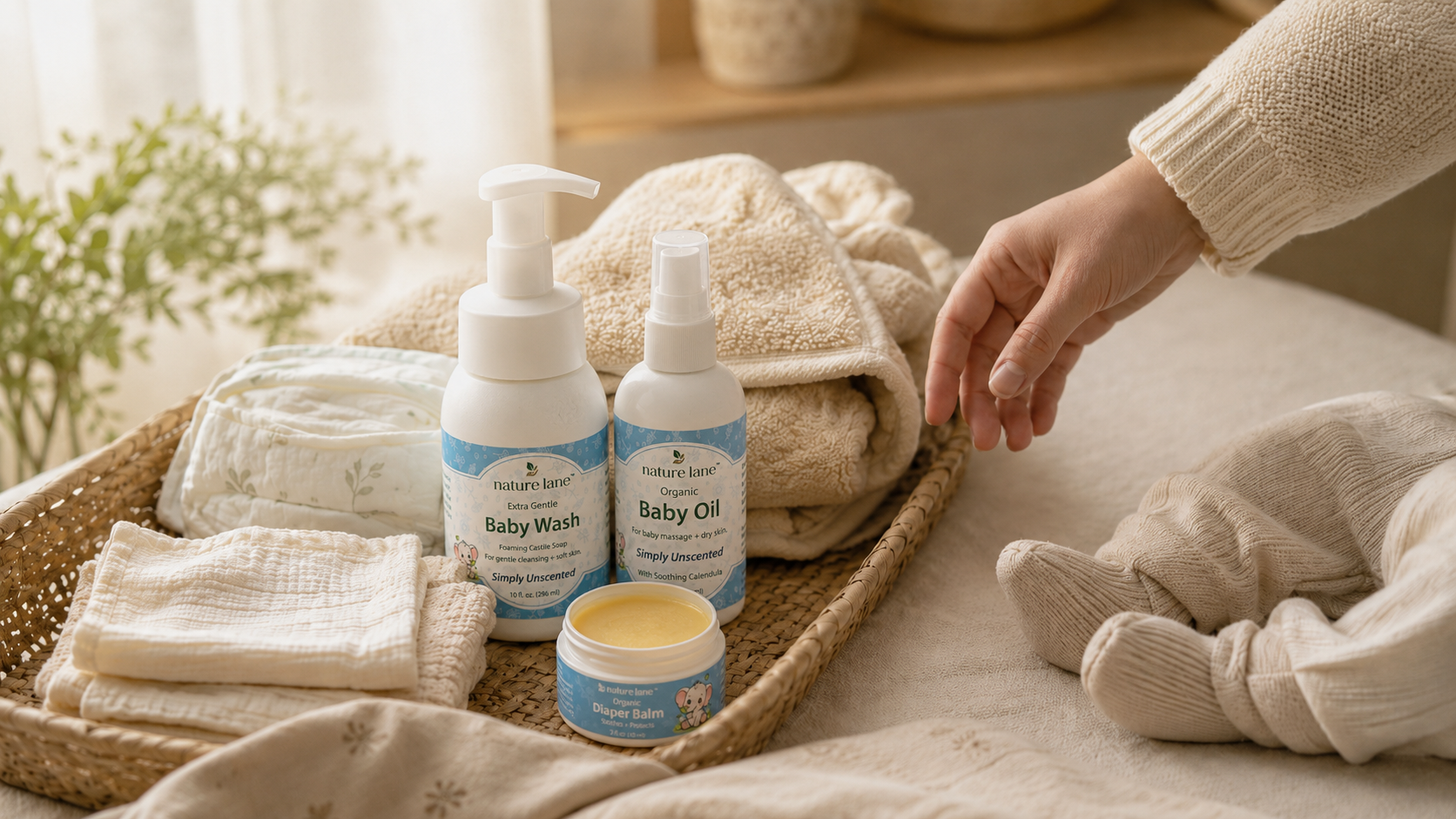 Simple baby skincare routine essentials arranged with baby wash, baby oil, diaper balm, folded diapers, and soft muslin cloth.