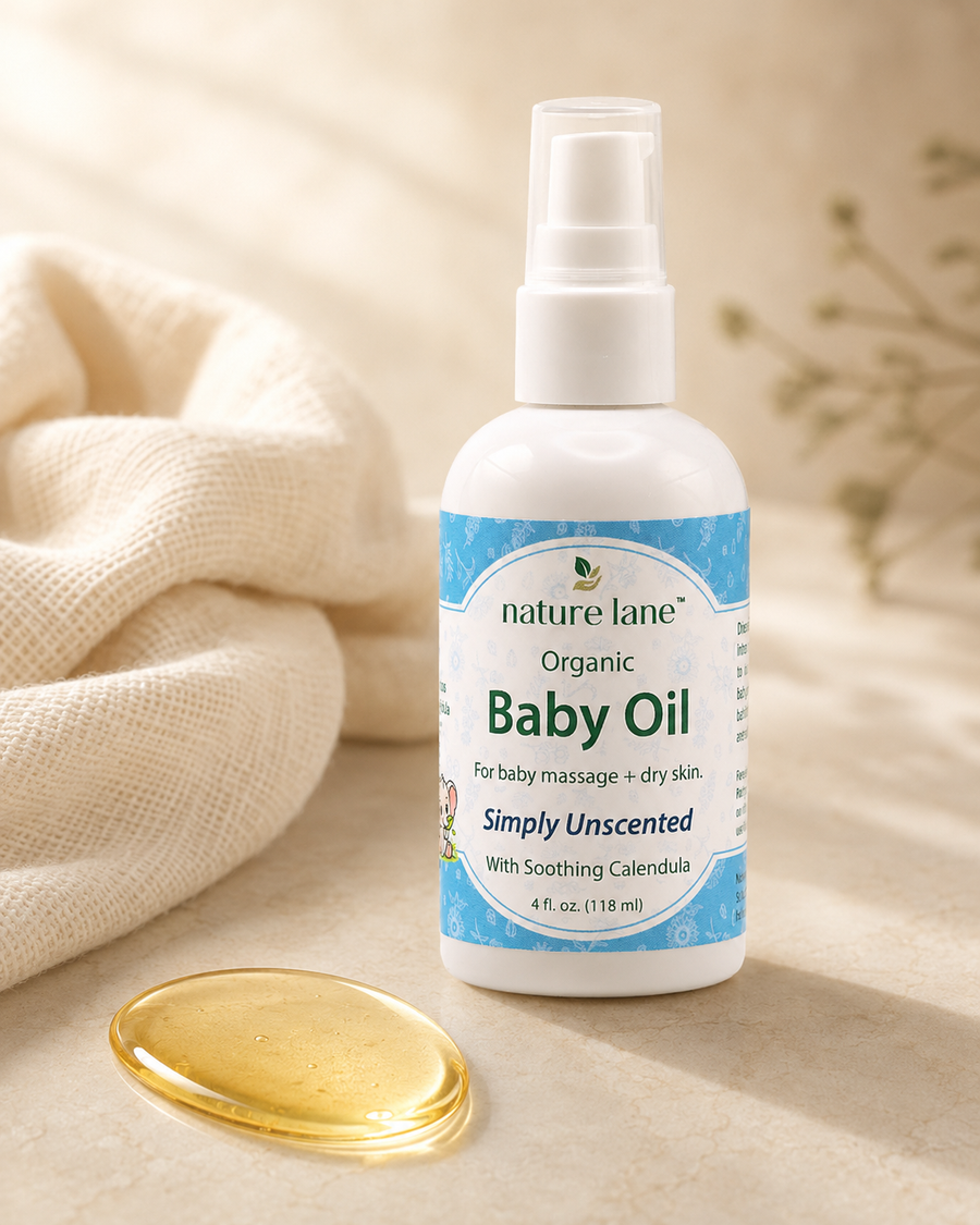 Lightweight oil texture beside Nature Lane Organic Baby Oil bottle