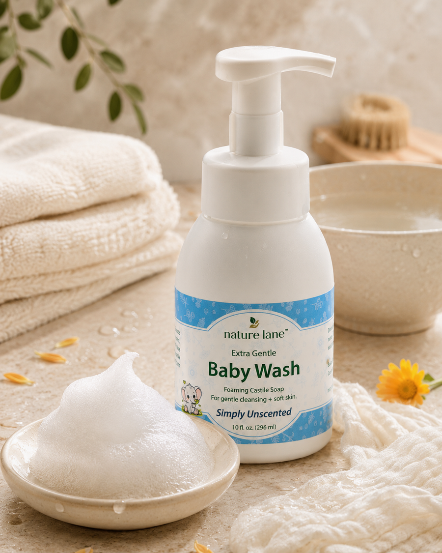 Soft foam detail beside Nature Lane Baby Wash bottle