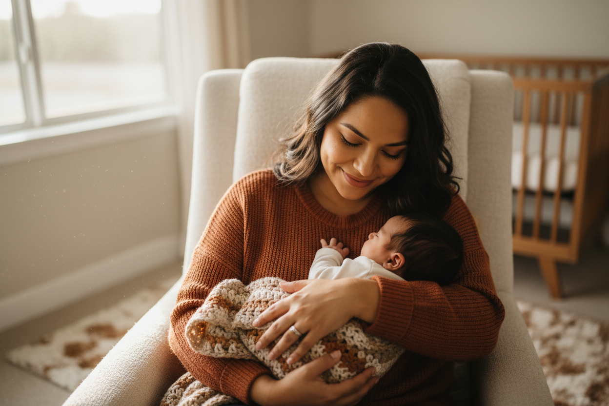 latina mother lovingly and gently cradling a baby