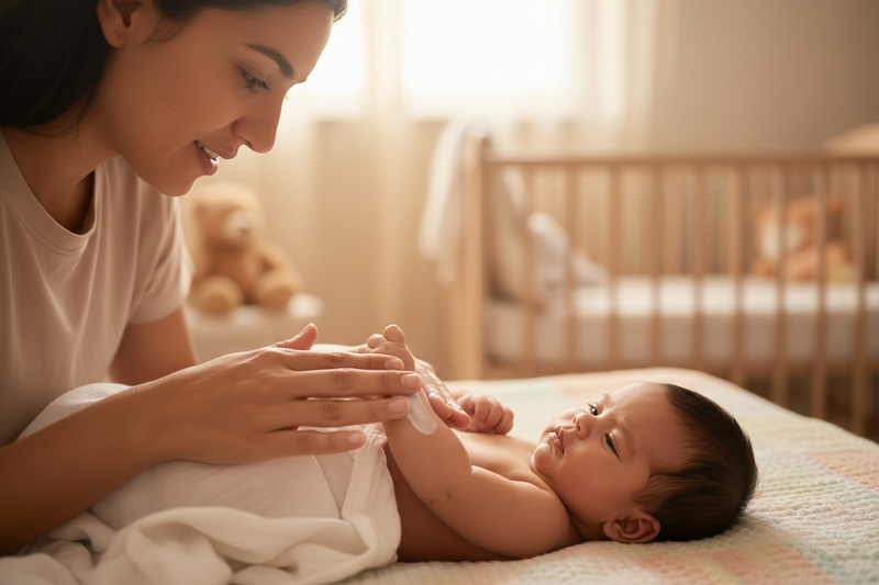 Latina mother rubbing lotion on her baby's arm
