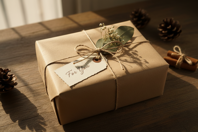 thoughtfully-wrapped gift in kraft paper